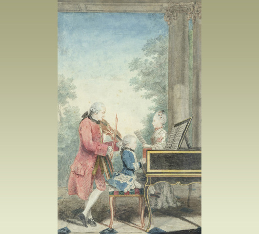 Young Mozart with siter and father playing instruments