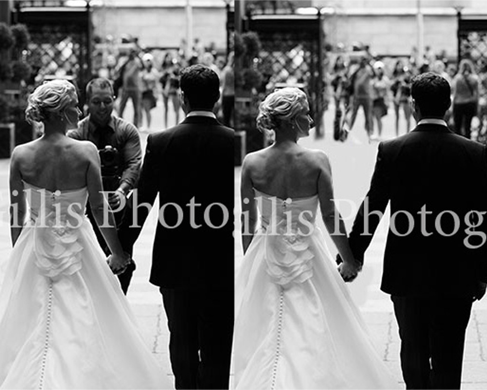 Photo Editing mockup removing distracting person from wedding shot