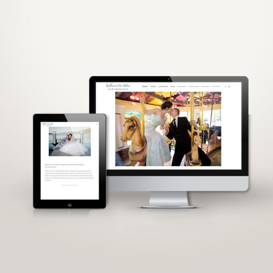 Responsive website mockup of wedding photographer on desktop and ipad